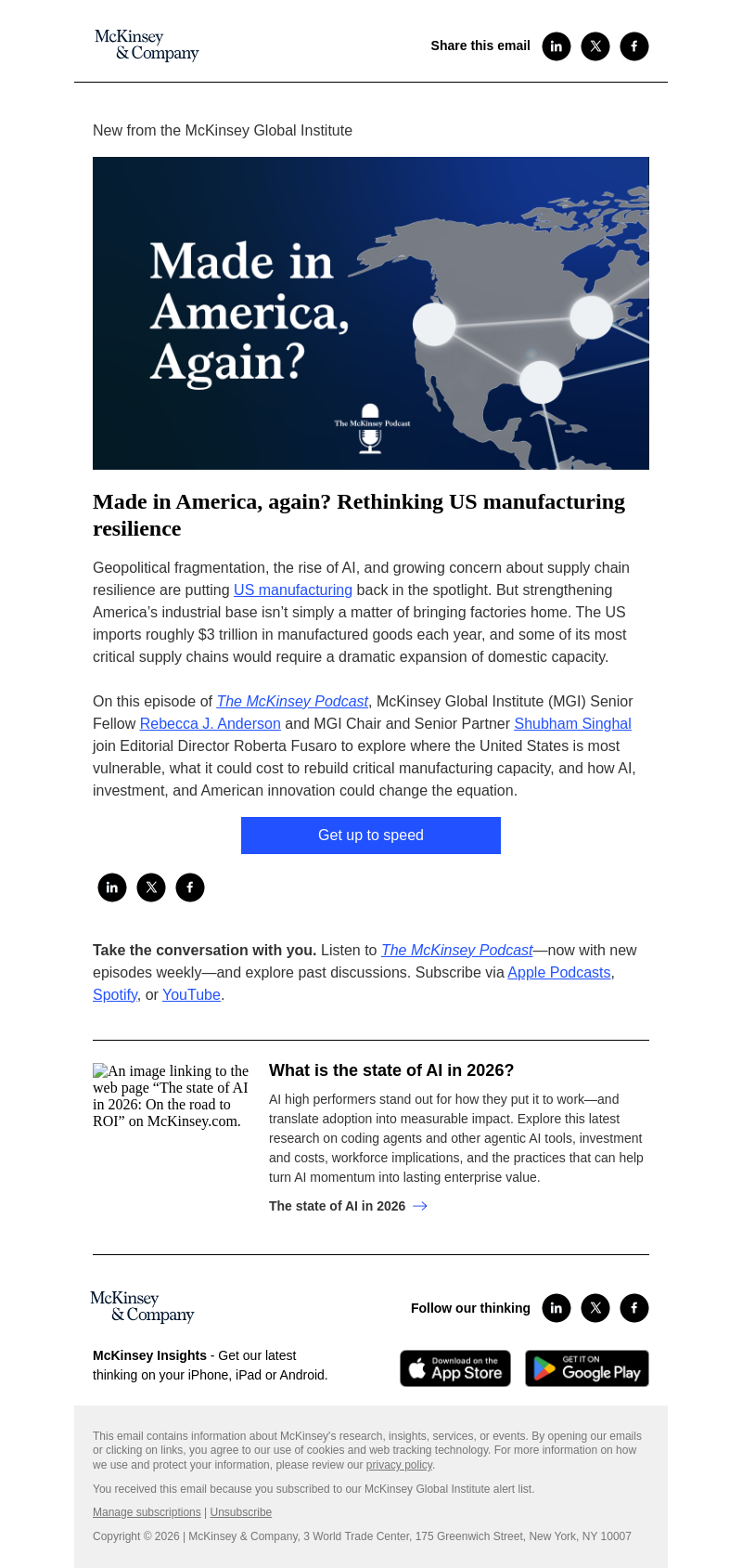 Письмо компании «McKinsey & Company» на тему «Made in America, again? Rethinking US manufacturing resilience»