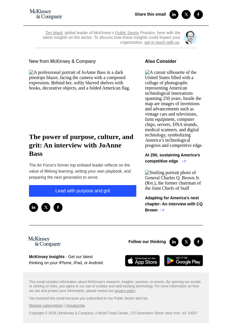 Письмо компании «McKinsey & Company» на тему «The power of purpose, culture, and grit: An interview with JoAnne
 Bass»