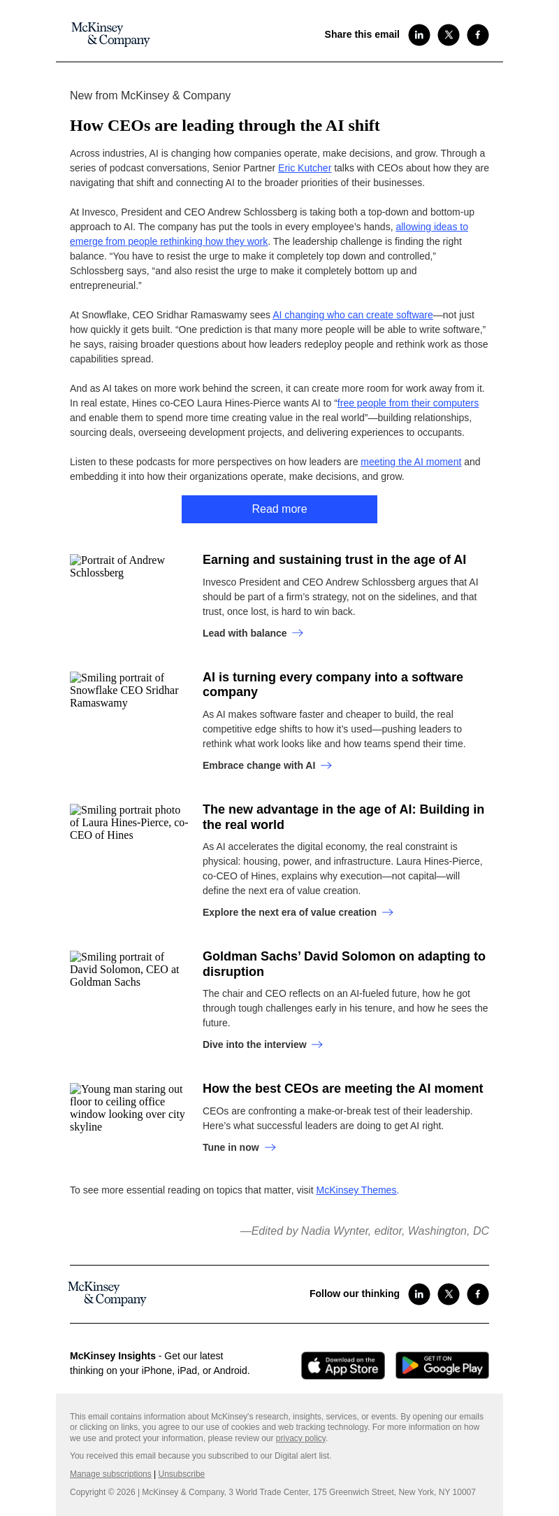Письмо компании «McKinsey & Company» на тему «How CEOs are leading through the AI shift»