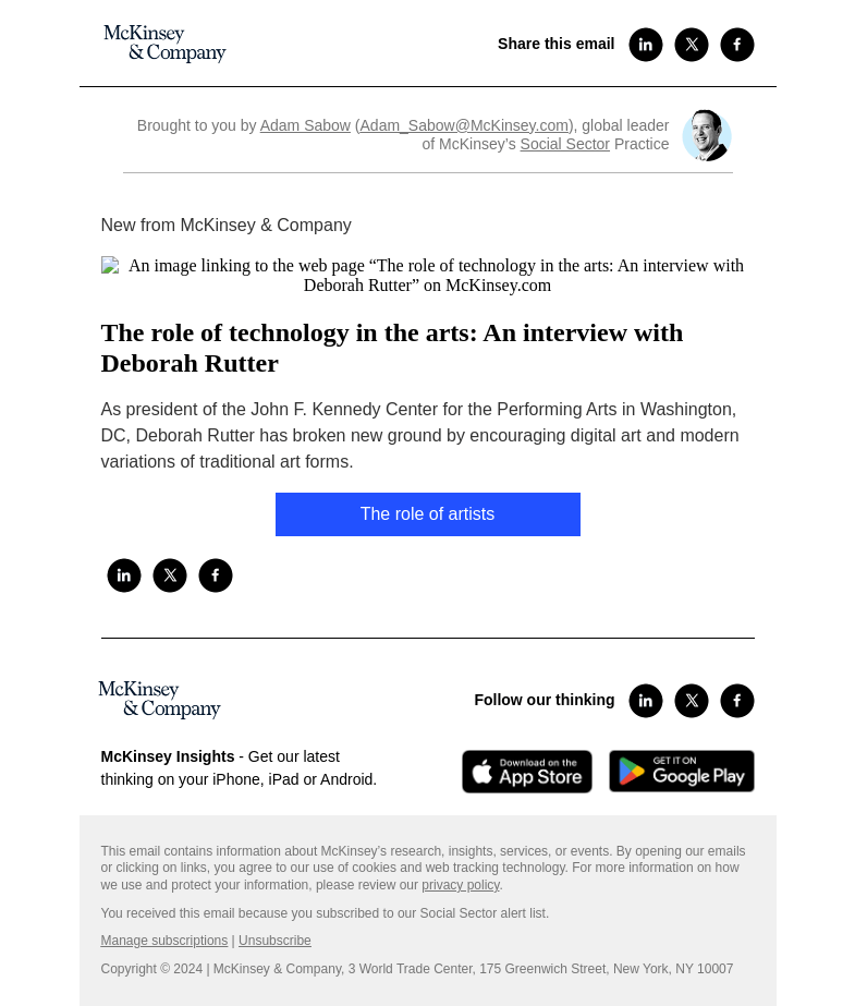 Письмо компании «McKinsey & Company» на тему «The role of technology in the arts: An interview with Deborah
 Rutter»
