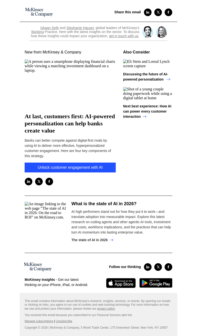 Письмо компании «McKinsey & Company» на тему «At last, customers first: AI-powered personalization can help banks
 create value»