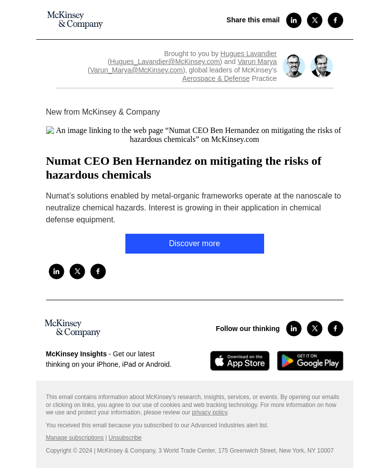Письмо компании «McKinsey & Company» на тему «Numat CEO Ben Hernandez on mitigating the risks of hazardous
 chemicals»