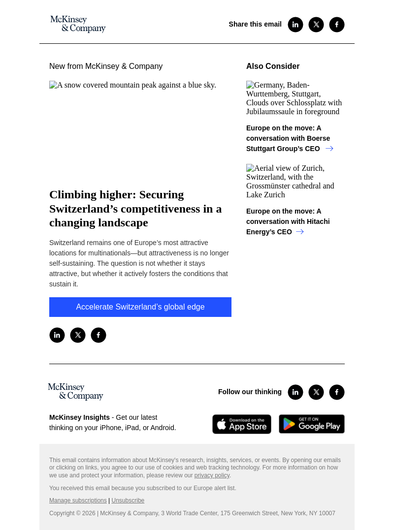 Письмо компании «McKinsey & Company» на тему «Climbing higher: Securing Switzerland’s competitiveness in a changing landscape»