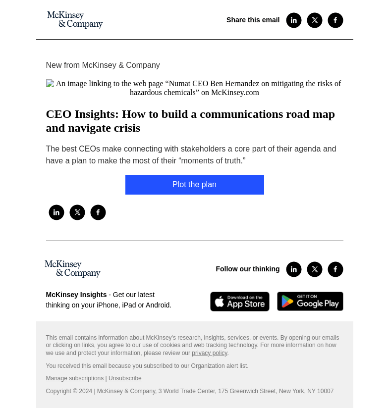 Письмо компании «McKinsey & Company» на тему «CEO Insights: How to build a communications road map and navigate
 crisis»