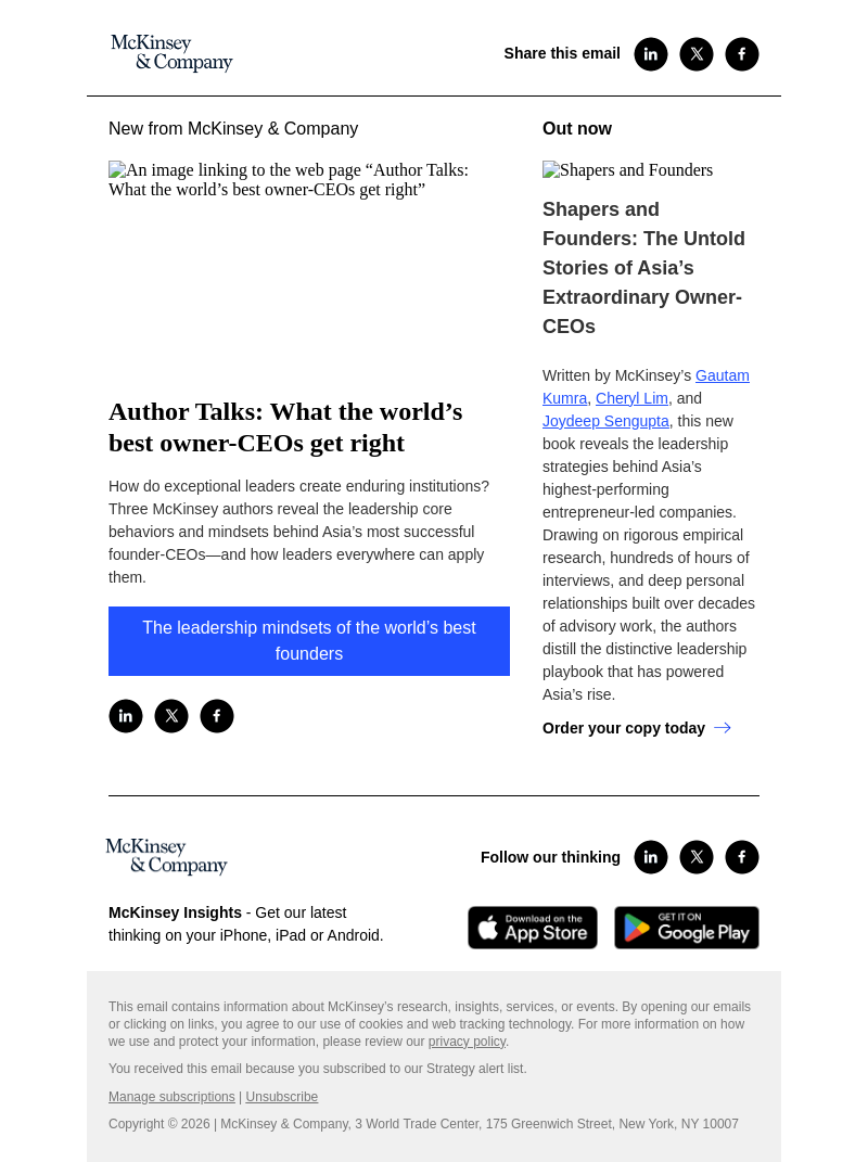 Письмо компании «McKinsey & Company» на тему «Author Talks: What the world’s best owner-CEOs get right»