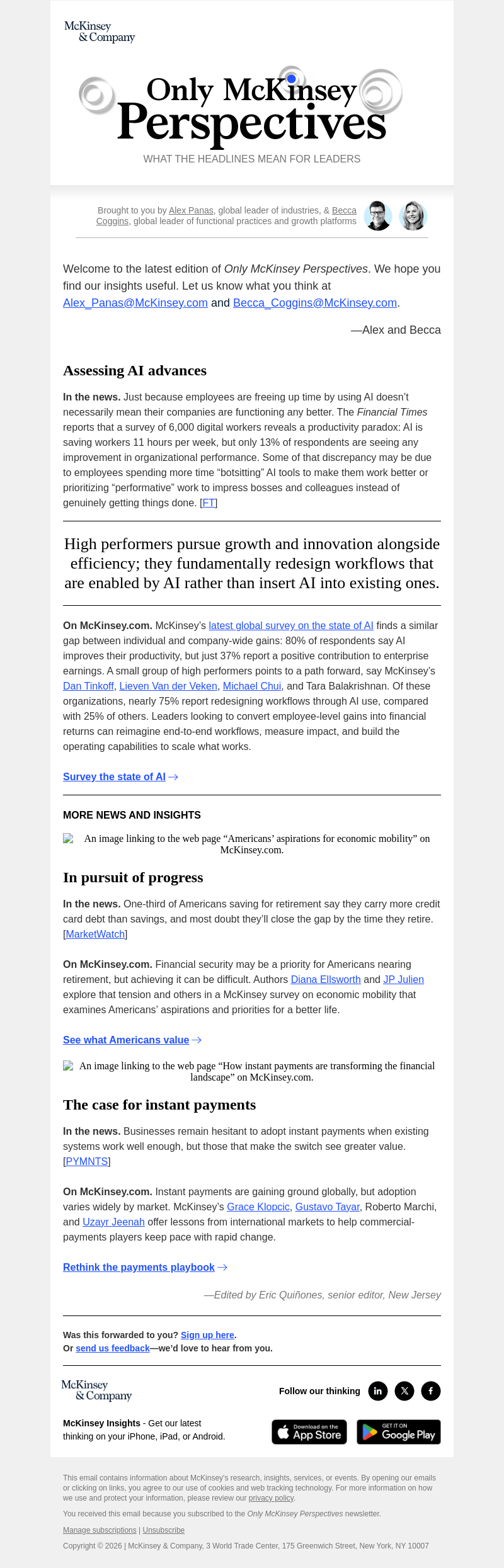 Письмо компании «McKinsey & Company» на тему «Gauging AI’s financial impact, seeking economic mobility, and charting the course for instant payments»