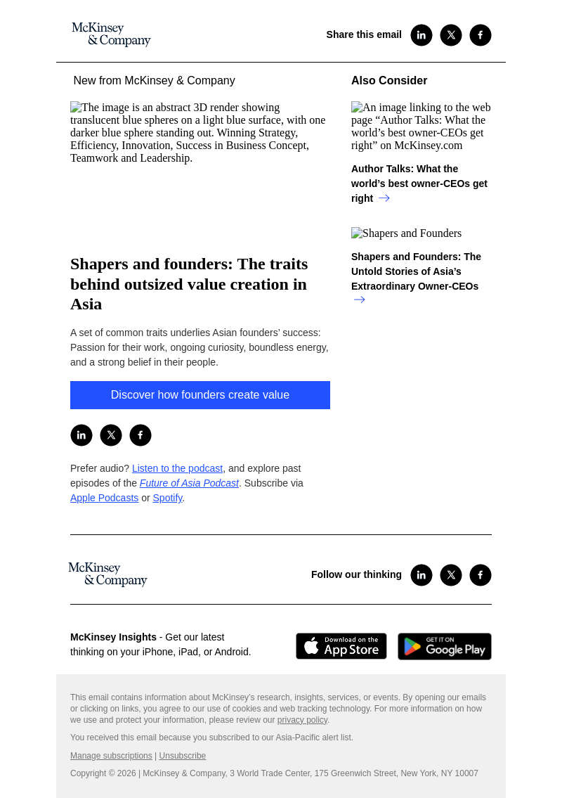 Письмо компании «McKinsey & Company» на тему «Shapers and founders: The traits behind outsized value creation in
 Asia»