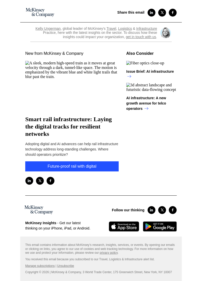 Письмо компании «McKinsey & Company» на тему «Smart rail infrastructure: Laying the digital tracks for resilient
 networks»
