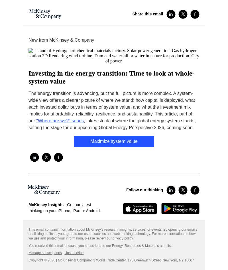 Письмо компании «McKinsey & Company» на тему «Investing in the energy transition: Time to look at whole-system
 value»