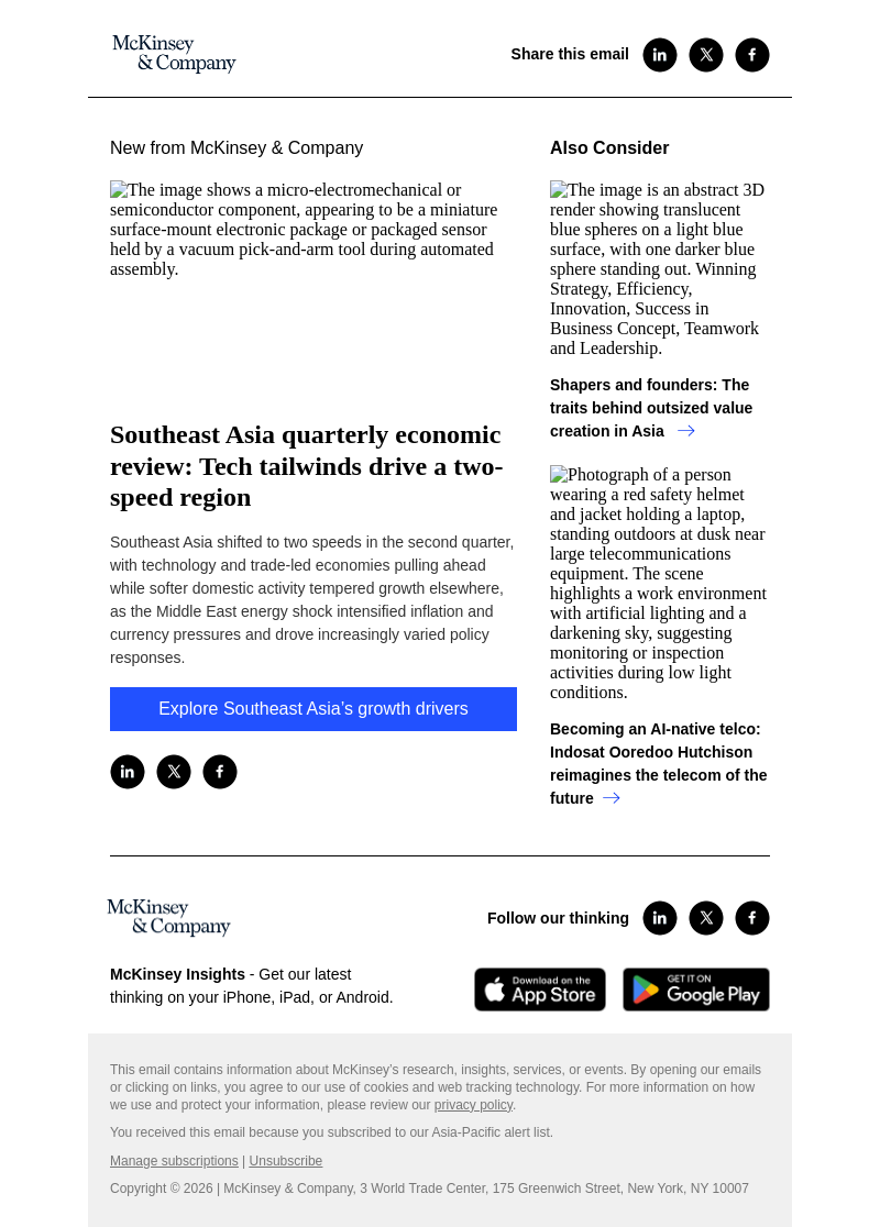 Письмо компании «McKinsey & Company» на тему «Southeast Asia quarterly economic review: Tech tailwinds drive a
 two-speed region»