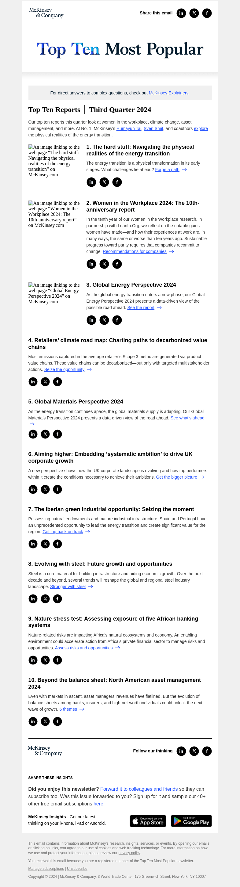 Письмо компании «McKinsey & Company» на тему «Top 10 reports this quarter»