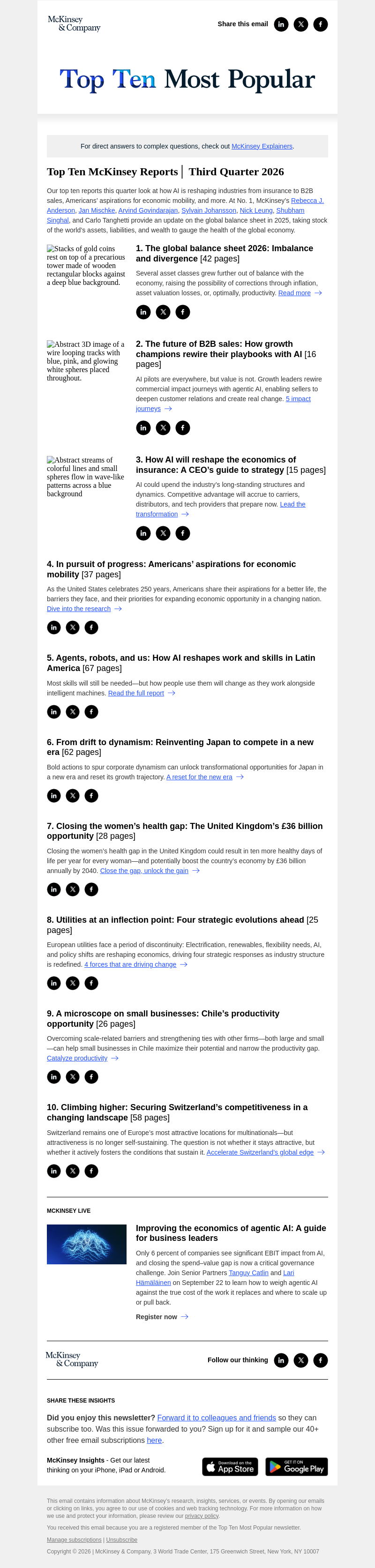 Письмо компании «McKinsey & Company» на тему «Top 10 reports this quarter»