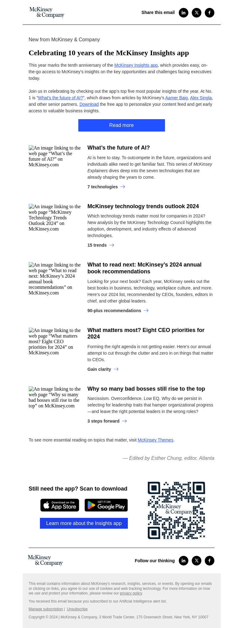 Письмо компании «McKinsey & Company» на тему «Celebrating 10 years of the McKinsey Insights app»