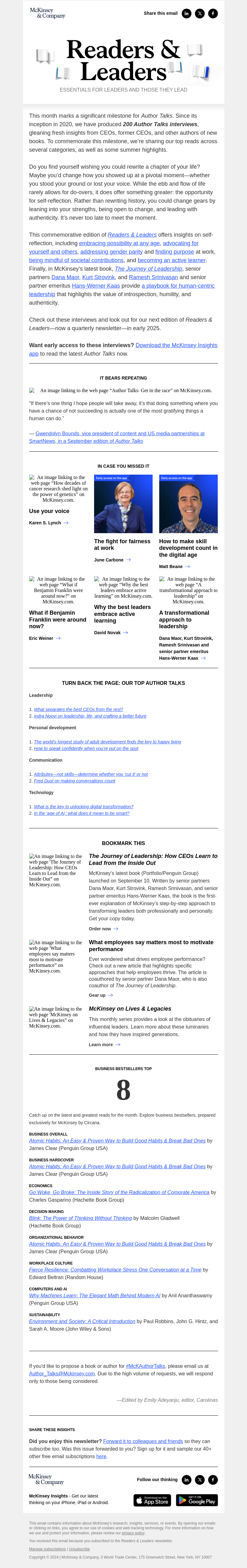 Письмо компании «McKinsey & Company» на тему «Author Talks’ 200th milestone, and a compilation of our top reads»