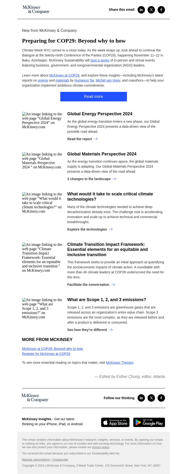 Письмо компании «McKinsey & Company» на тему «Preparing for COP29: Beyond why to how»
