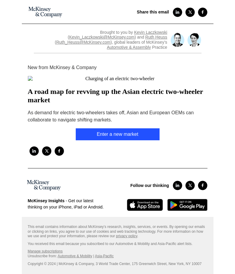 Письмо компании «McKinsey & Company» на тему «A road map for revving up the Asian electric two-wheeler market»