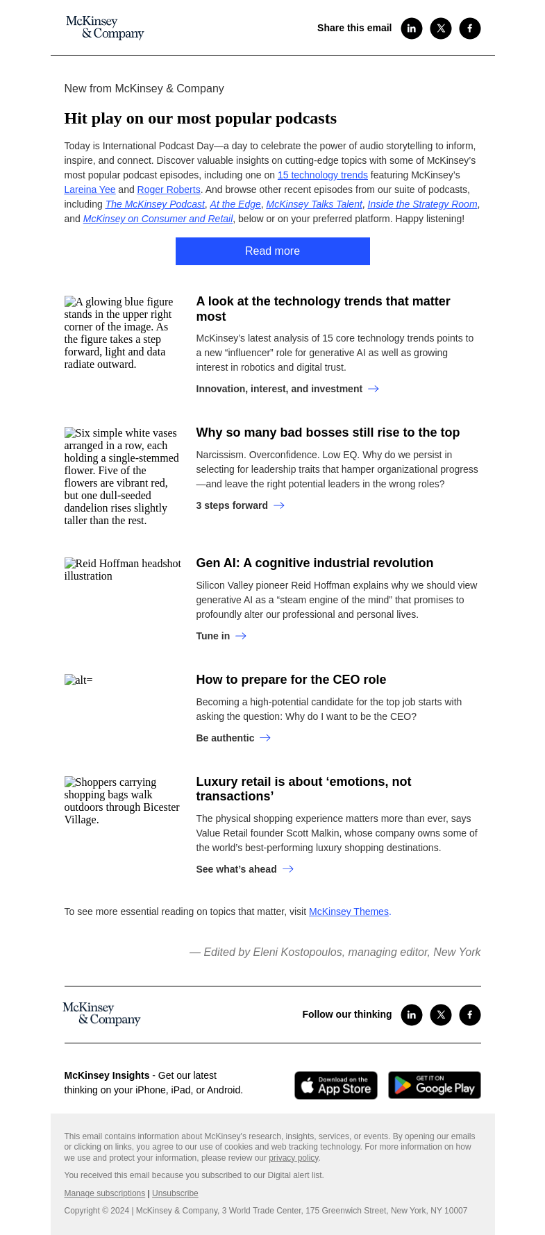 Письмо компании «McKinsey & Company» на тему «Tech trends, bad bosses, AI, and more: Popular McKinsey podcast
 episodes»