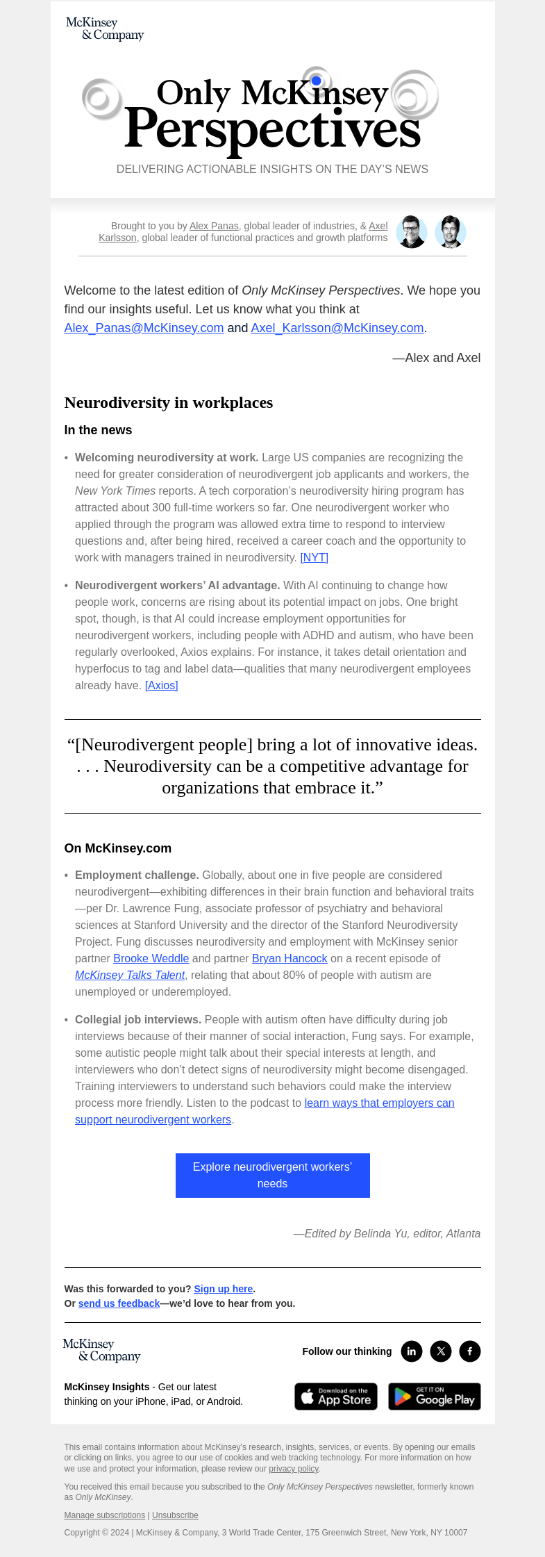 Письмо компании «McKinsey & Company» на тему «How can employers better support neurodivergent workers?»