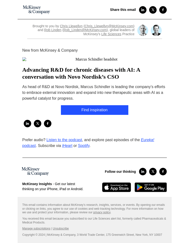 Письмо компании «McKinsey & Company» на тему «Advancing R&D for chronic diseases with AI: A conversation with Novo Nordisk’s CSO»