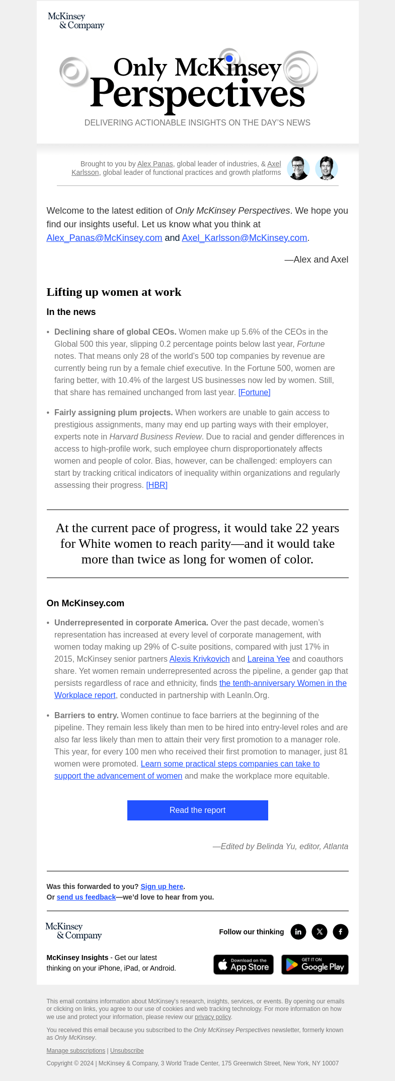 Письмо компании «McKinsey & Company» на тему «What steps can companies take to advance women at work?»