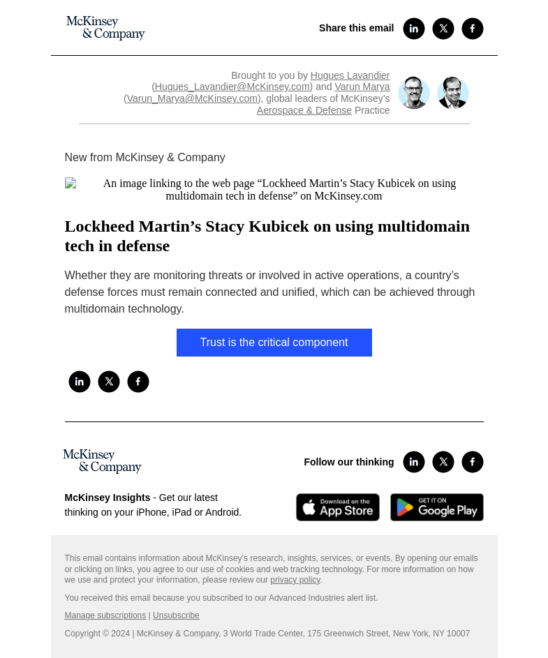 Письмо компании «McKinsey & Company» на тему «Lockheed Martin’s Stacy Kubicek on using multidomain tech in defense»