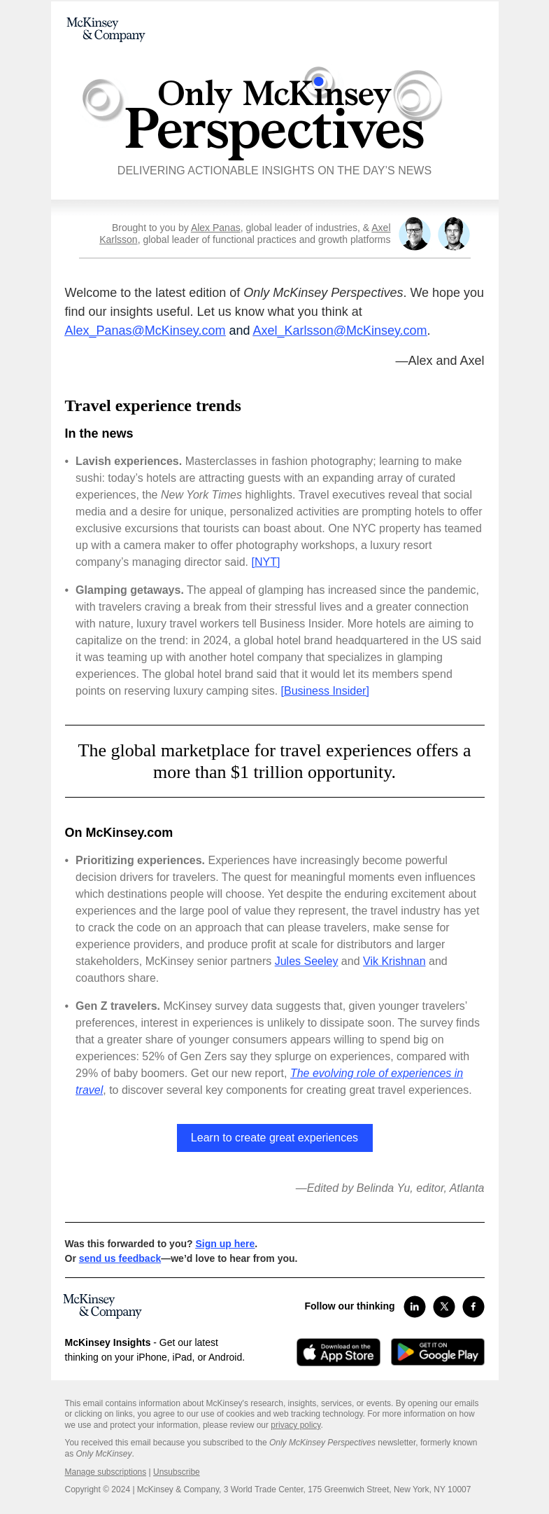 Письмо компании «McKinsey & Company» на тему «Where does the experience industry stand today?»