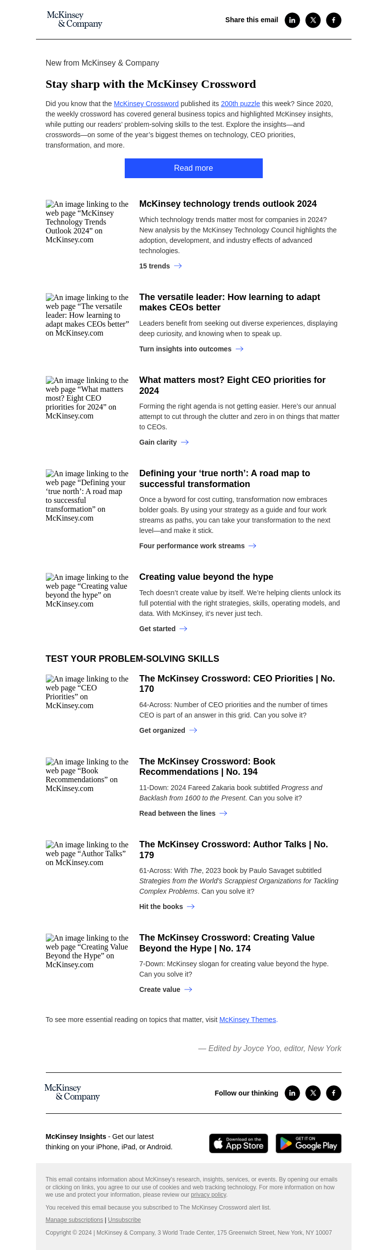 Письмо компании «McKinsey & Company» на тему «200 McKinsey Crosswords and counting»