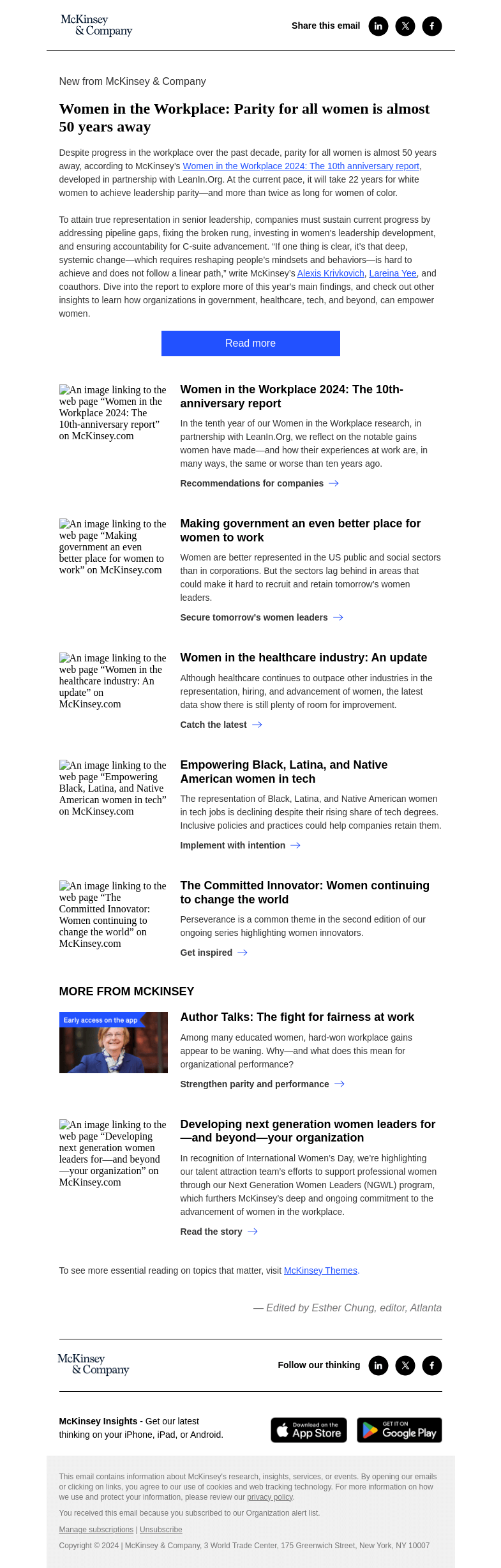 Письмо компании «McKinsey & Company» на тему «10 years of Women in the Workplace»