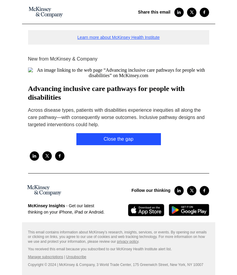 Письмо компании «McKinsey & Company» на тему «Advancing inclusive care pathways for people with disabilities»