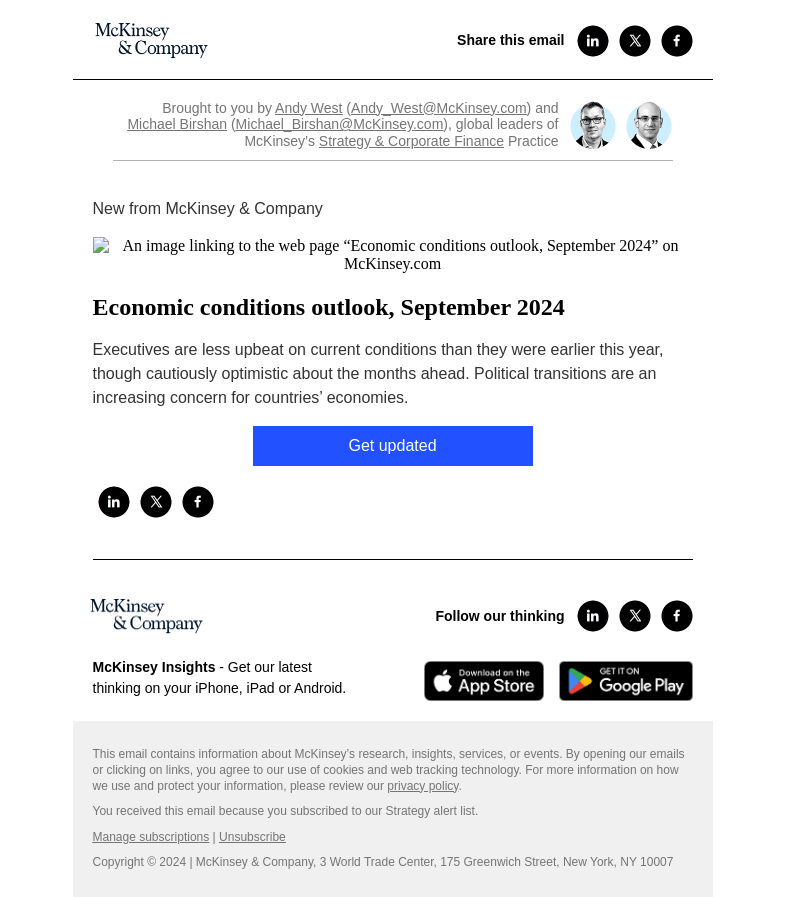 Письмо компании «McKinsey & Company» на тему «Economic conditions outlook, September 2024»