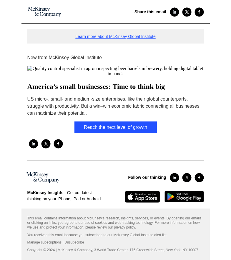 Письмо компании «McKinsey & Company» на тему «America’s small businesses: Time to think big»