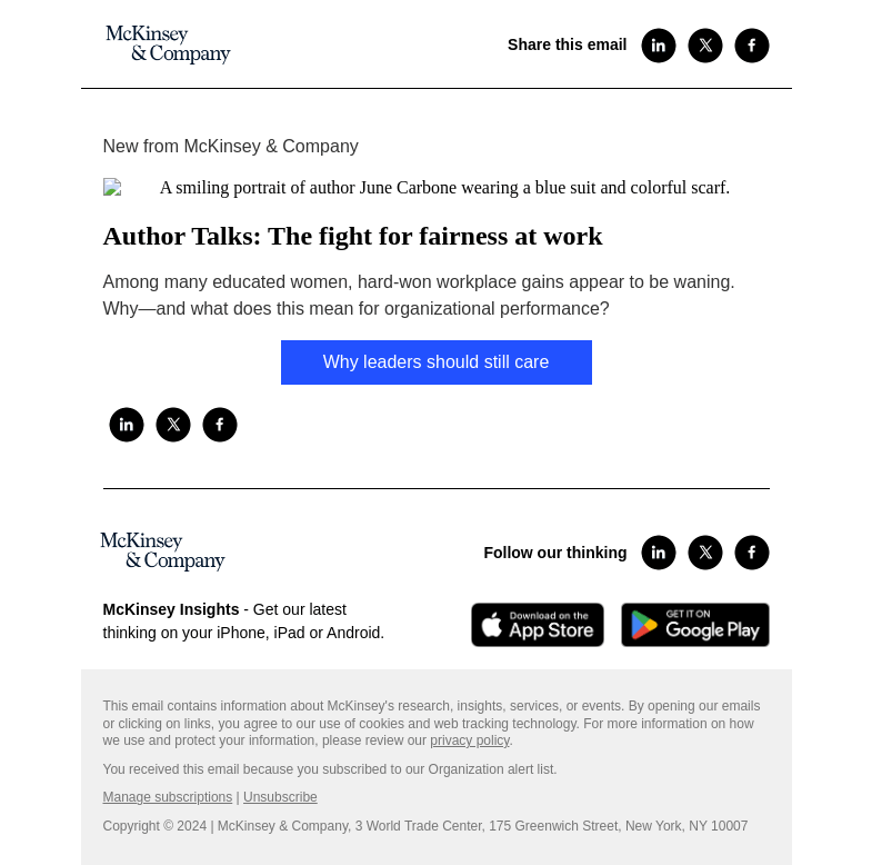 Письмо компании «McKinsey & Company» на тему «Author Talks: The fight for fairness at work»