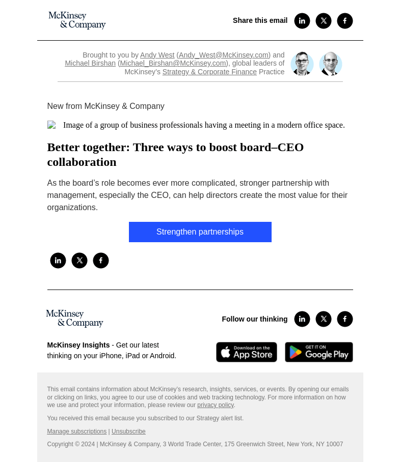 Письмо компании «McKinsey & Company» на тему «Better together: Three ways to boost board–CEO collaboration»