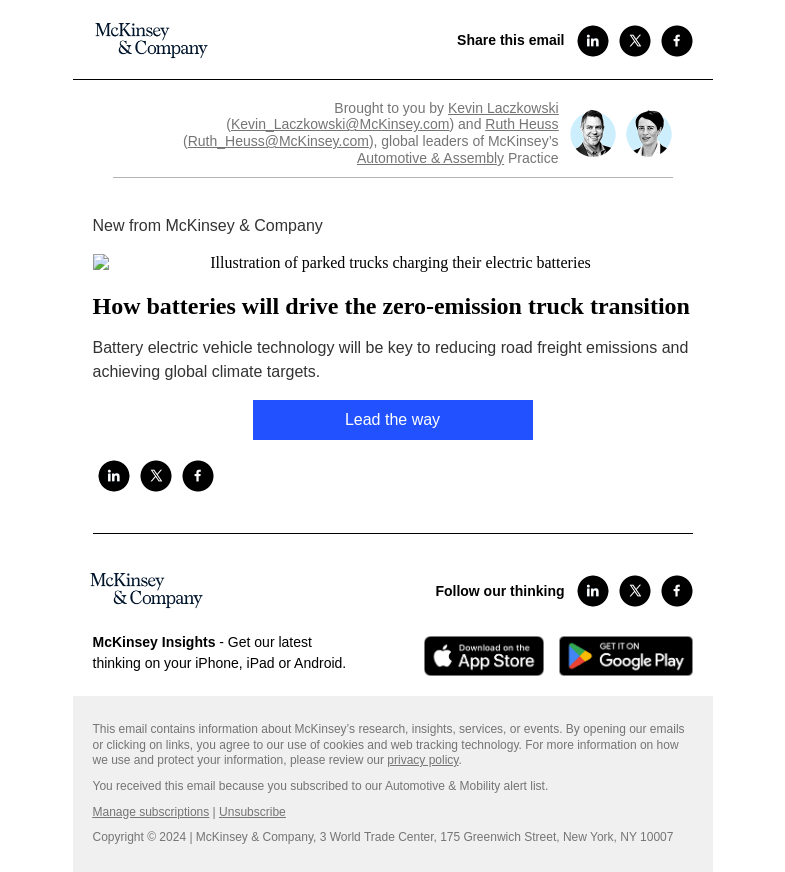 Письмо компании «McKinsey & Company» на тему «How batteries will drive the zero-emission truck transition»