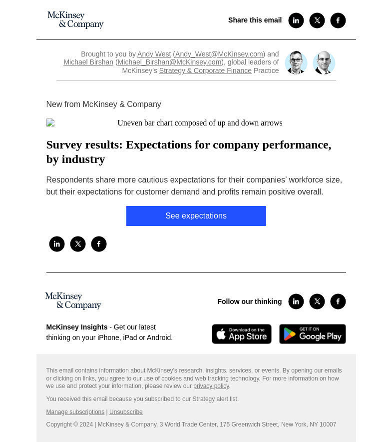 Письмо компании «McKinsey & Company» на тему «Survey results: Expectations for company performance, by industry»