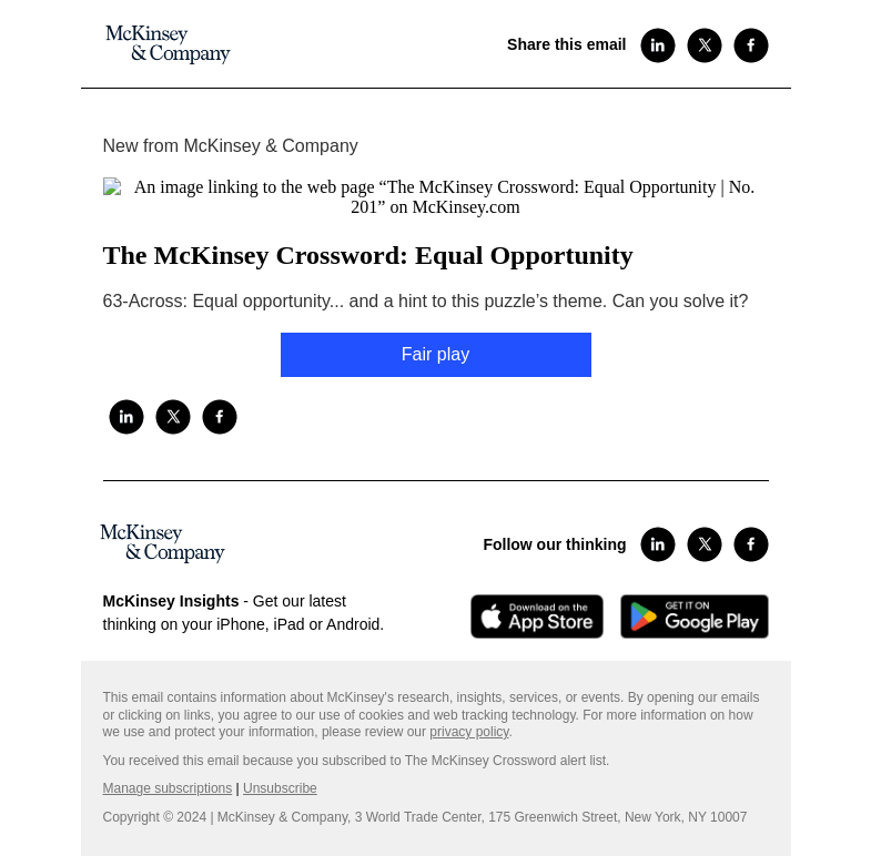 Письмо компании «McKinsey & Company» на тему «Your latest McKinsey crossword: Equal Opportunity»