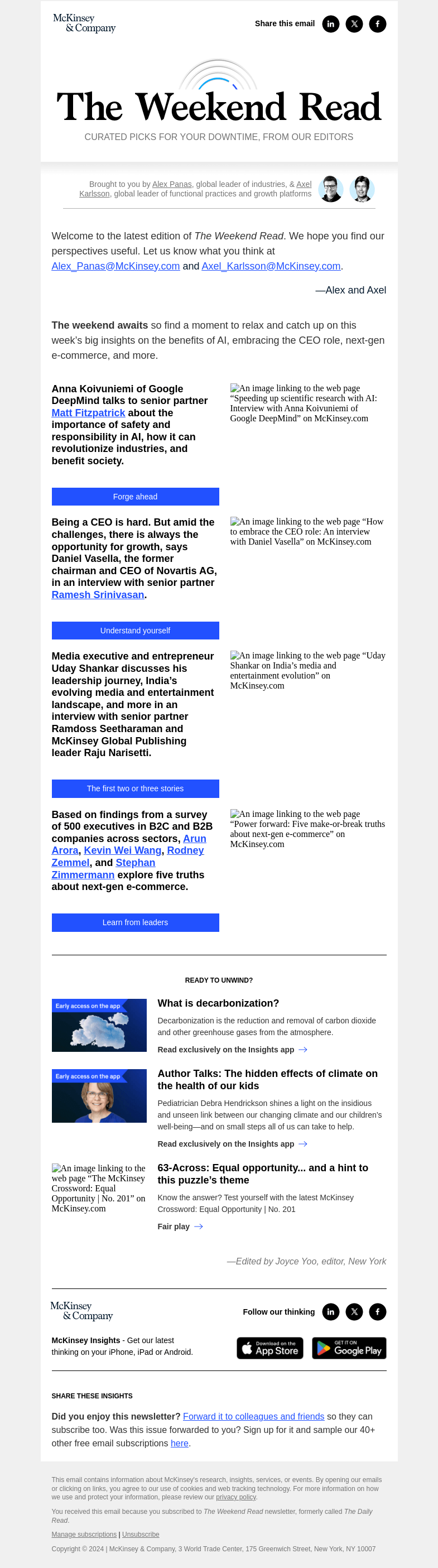 Письмо компании «McKinsey & Company» на тему «An interview with Anna Koivuniemi of Google DeepMind, embracing the
 CEO role, next-gen e-commerce, and more: The Weekend Read»