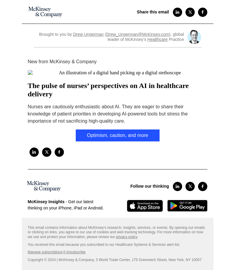 Письмо компании «McKinsey & Company» на тему «The pulse of nurses’ perspectives on AI in healthcare delivery»