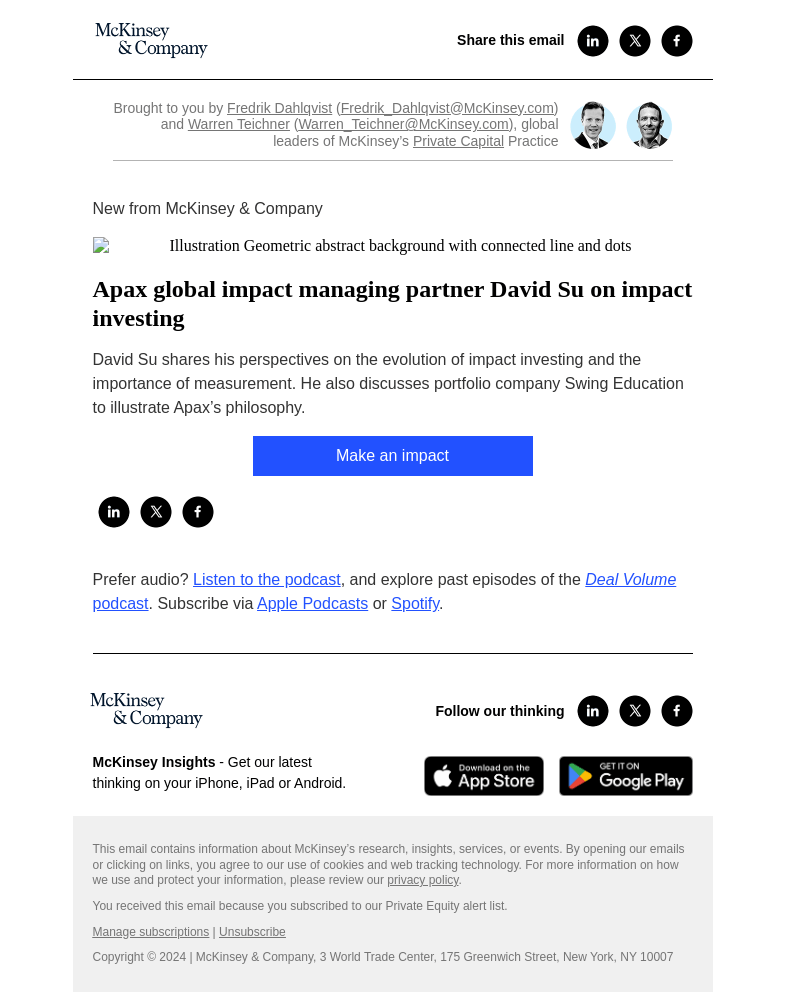 Письмо компании «McKinsey & Company» на тему «Apax global impact managing partner David Su on impact investing»