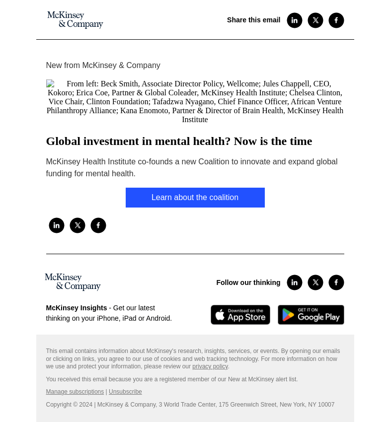 Письмо компании «McKinsey & Company» на тему «Global investment in mental health? Now is the time»
