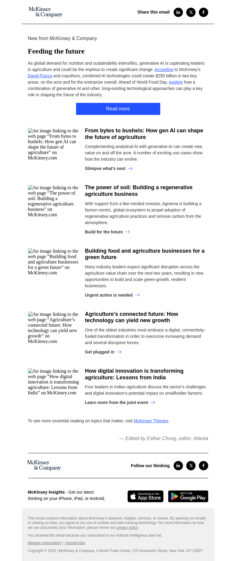 Письмо компании «McKinsey & Company» на тему «Feeding the future»