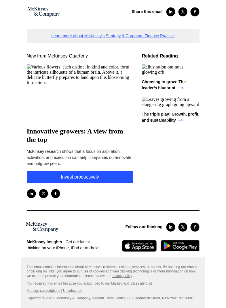 Письмо компании «McKinsey & Company» на тему «Innovative growers: A view from the top»