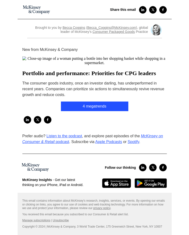 Письмо компании «McKinsey & Company» на тему «Portfolio and performance: Priorities for CPG leaders»