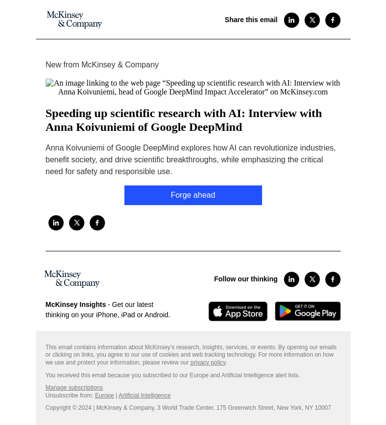 Письмо компании «McKinsey & Company» на тему «Speeding up scientific research with AI: Interview with Anna
 Koivuniemi of Google DeepMind»