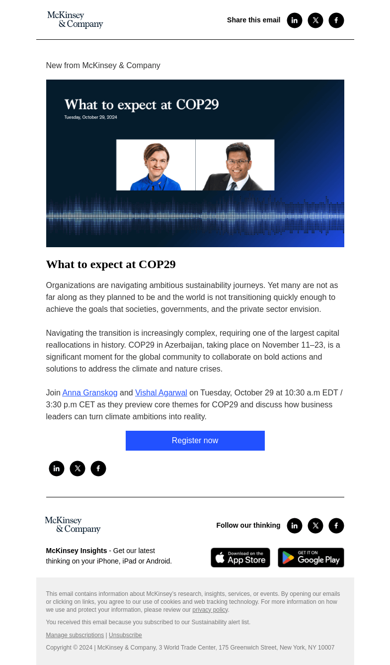 Письмо компании «McKinsey & Company» на тему «You're invited! Join us for a McKinsey Live virtual event on a
 preview of COP29»
