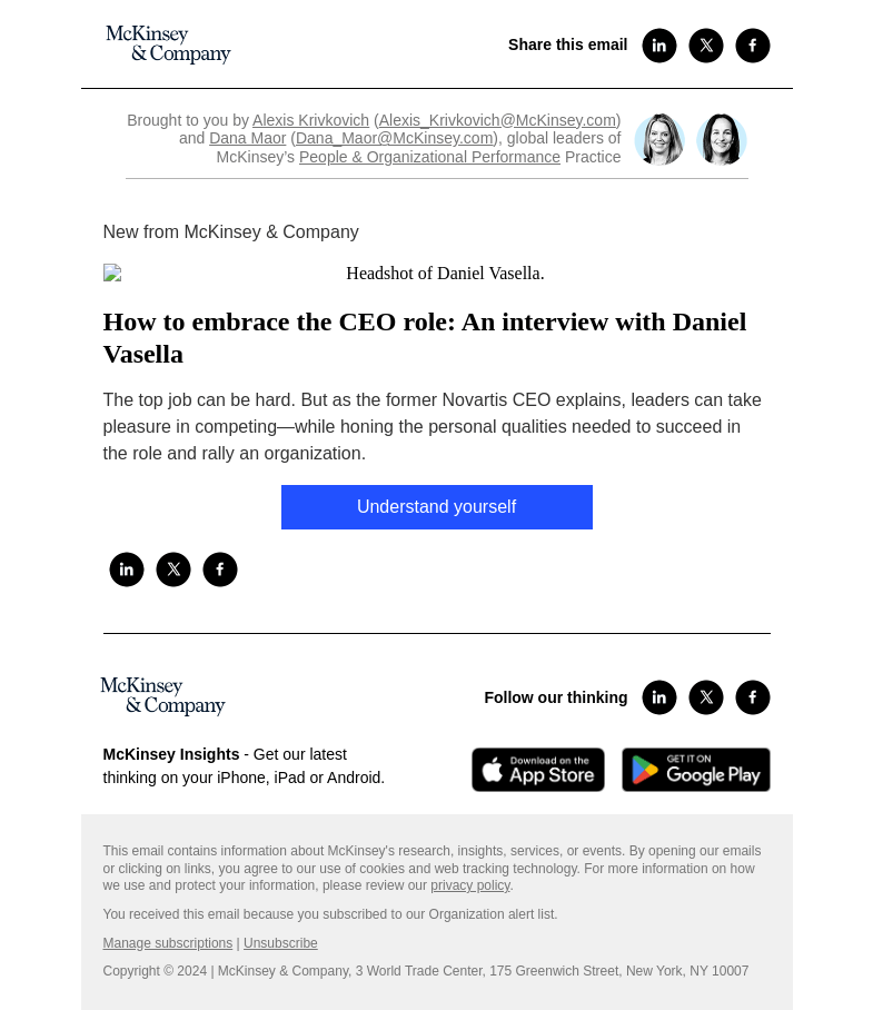 Письмо компании «McKinsey & Company» на тему «How to embrace the CEO role: An interview with Daniel Vasella»