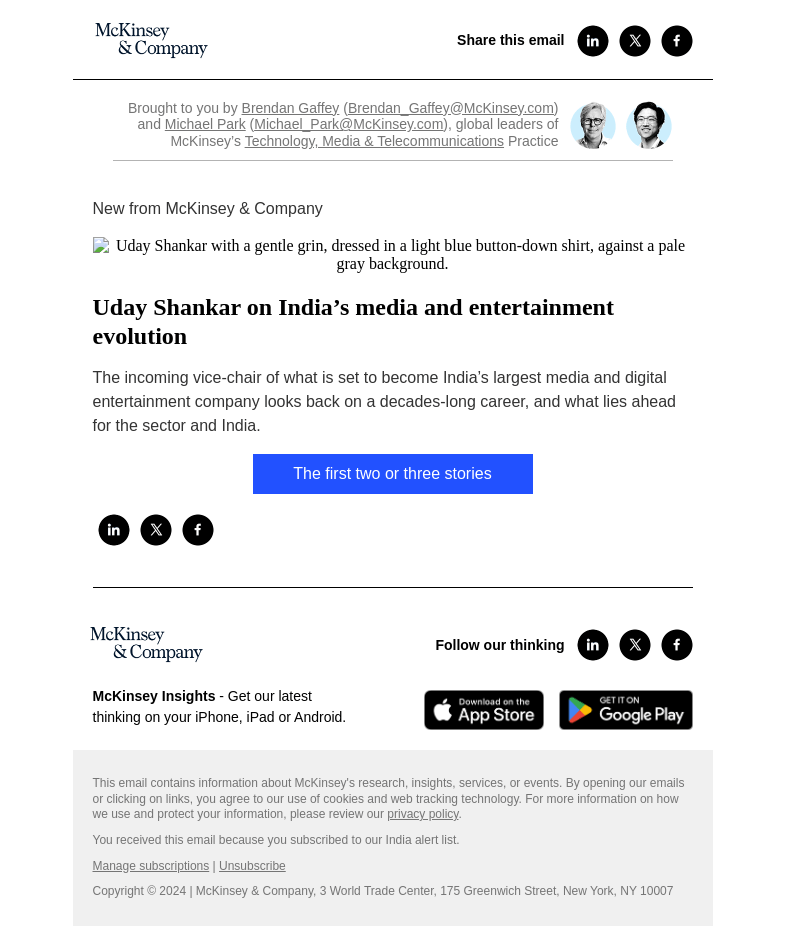 Письмо компании «McKinsey & Company» на тему «Uday Shankar on India’s media and entertainment evolution»