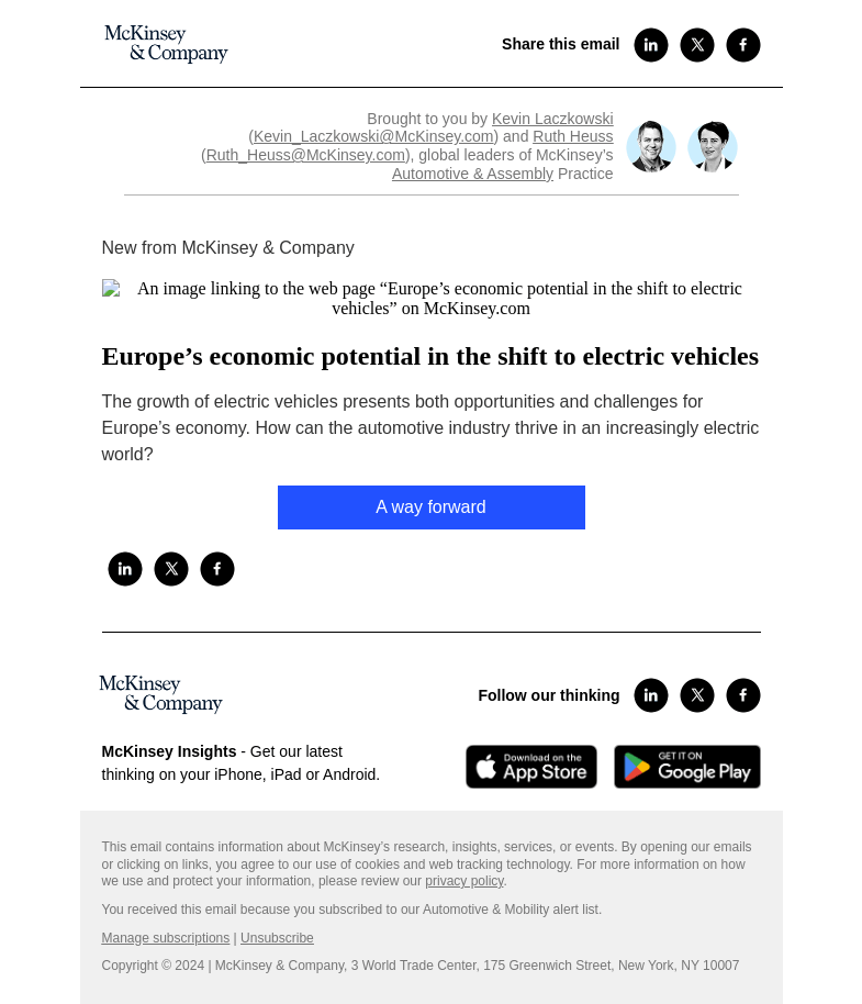 Письмо компании «McKinsey & Company» на тему «Europe’s economic potential in the shift to electric vehicles»
