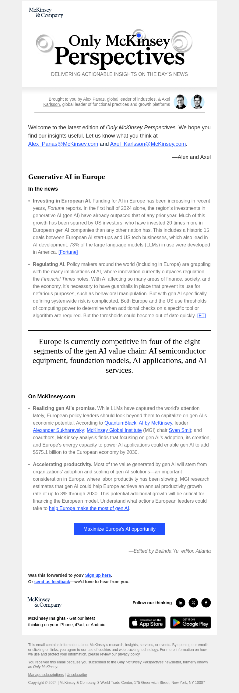 Письмо компании «McKinsey & Company» на тему «What would it take to boost Europe’s competitiveness in generative AI?»