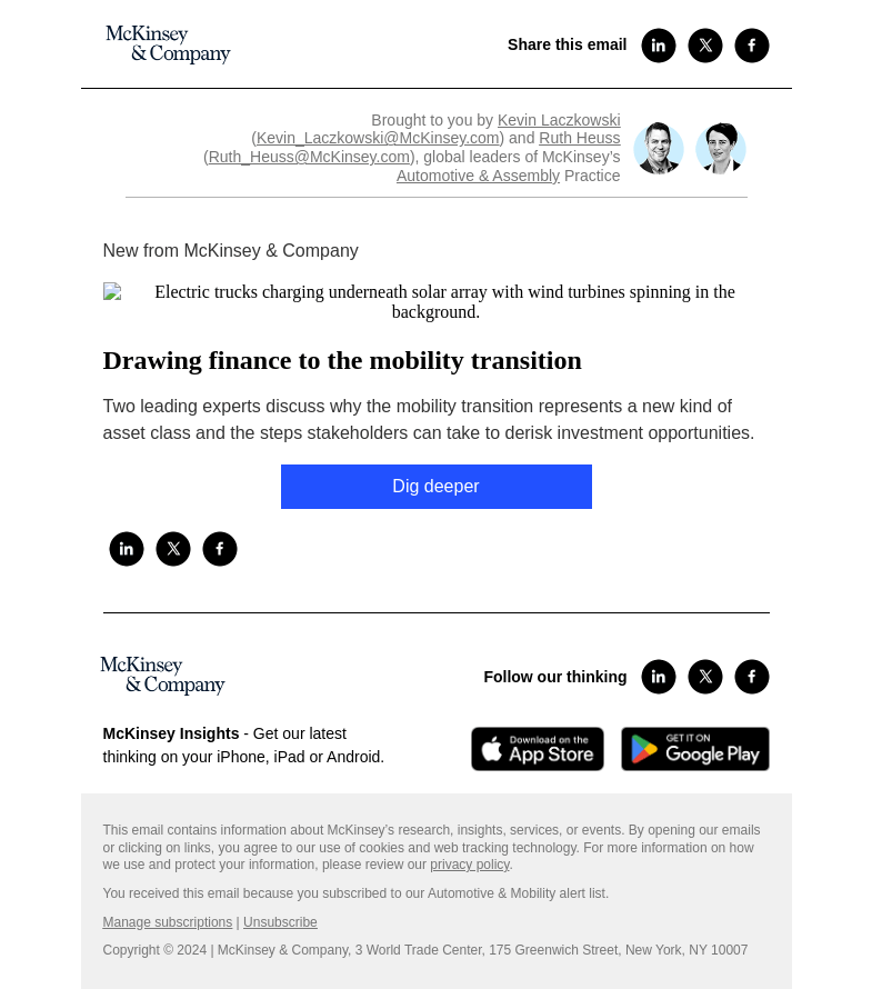 Письмо компании «McKinsey & Company» на тему «Drawing finance to the mobility transition»